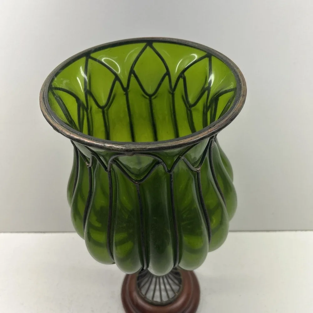 Vintage Art Nouveau Style Green Glass Ribbed Tulip Planter/candle‎ Holder